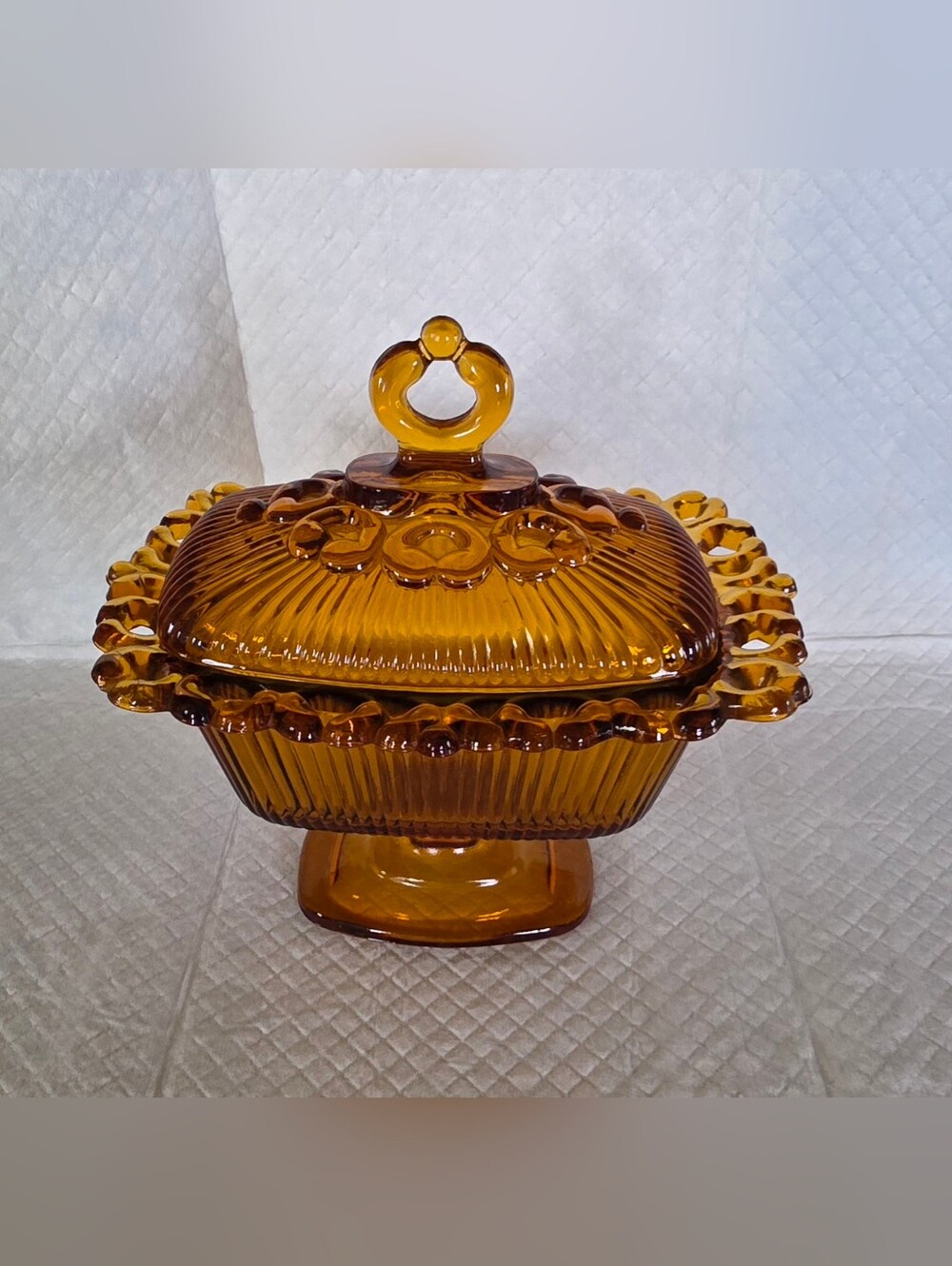 Indiana Glass Vintage Amber Lace Edge Pedestal Candy Dish
